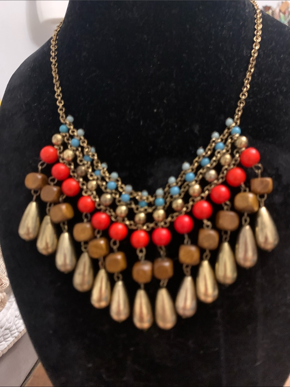 Statement Multi-Row Beaded Bib Necklace in Red, Blue, Brown and Gold